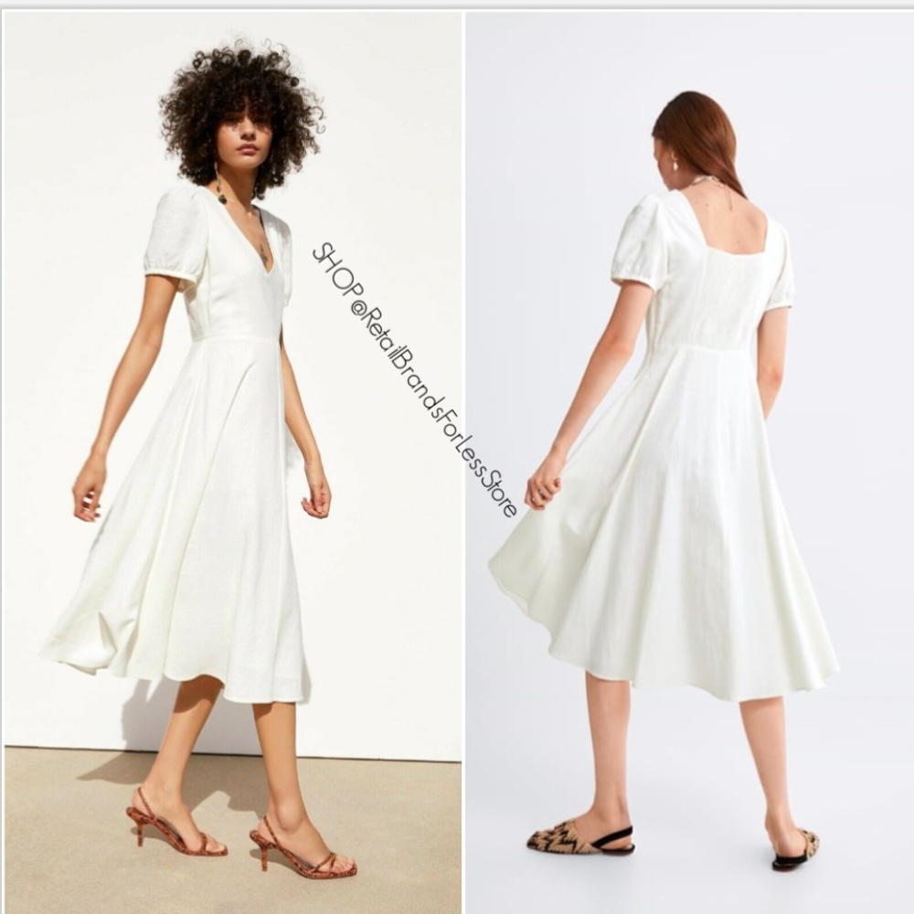 ZARA Linen Blend Smocked Back V-Neck Fully Lined Midi Maxi Dress $69.90